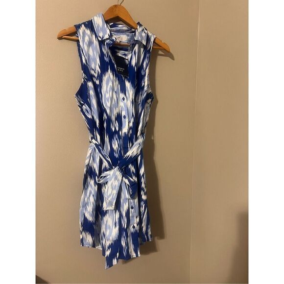 Crown & Ivy Womens L Tie Waist Boyfriend Dress Blue Ikat Print Sleeveless Summer - Picture 2 of 9